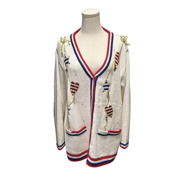 Storybook Knits American Flag July 4th Novelty Cardigan Sweater Womens Large - Picture 2 of 12
